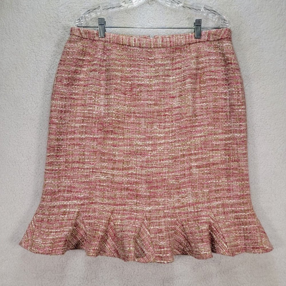 Y2K INC Pink Tweed Ruffled Hem Academia Classic Fit Flare Preppy Skirt